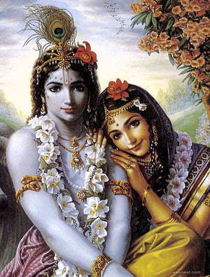 Radha Krishna Devotional Painting with Peacock Crown and Floral Garland HD phone wallpaper