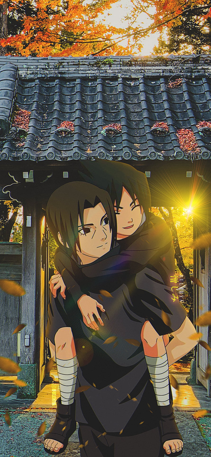 Itachi and Sasuke Uchiha Sharing an Embrace in Autumn at a Traditional Japanese Shrine HD phone wallpaper