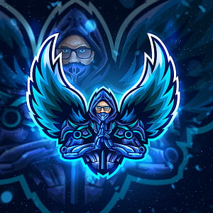 Blue Hooded Gamer Mascot with Wings and Glasses Esports Logo HD phone wallpaper