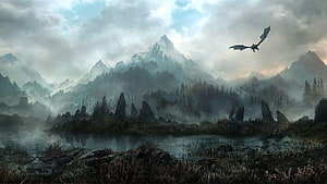Misty Mountain Landscape with Dragon Silhouette and Ancient Stone Monoliths HD wallpaper