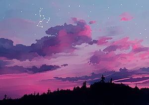 Dreamy Pink and Purple Sky with Constellation and Silhouetted Hills HD wallpaper