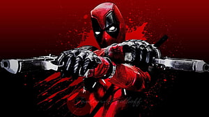 Deadpool Aiming Dual Pistols in Red and Black Suit Against Dark Background HD wallpaper