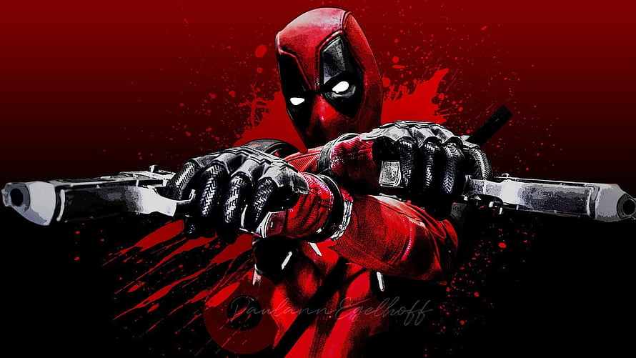 Deadpool Aiming Dual Pistols in Red and Black Suit Against Dark Background HD wallpaper