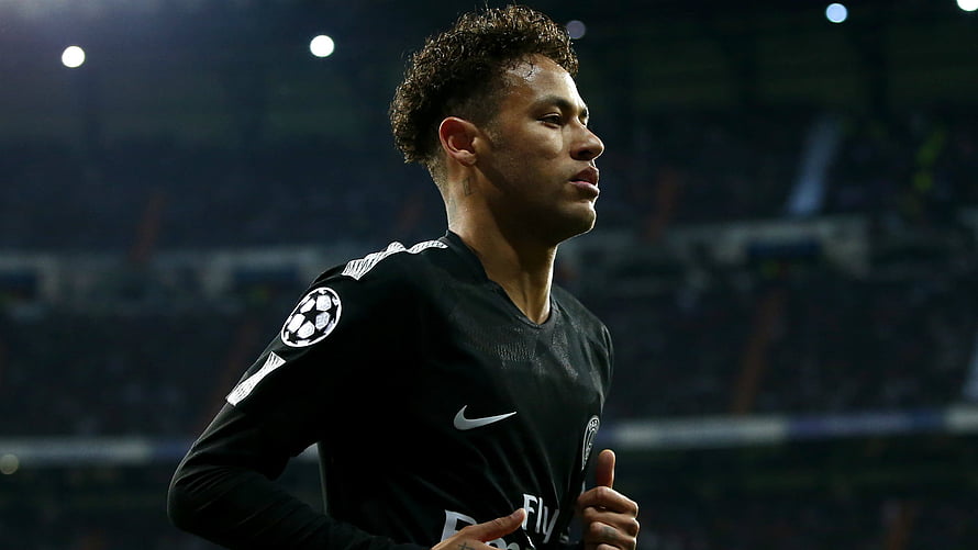 Neymar Jr in Paris Saint-Germain Black Away Kit Running on Football Pitch HD wallpaper