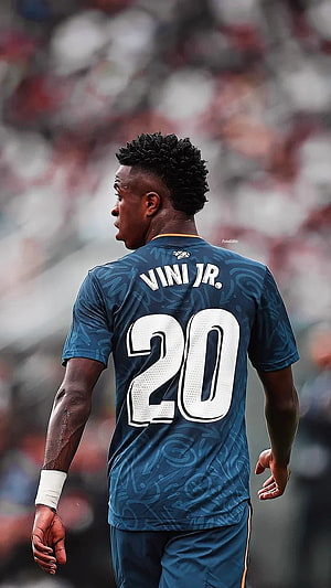 Vinicius Jr. Wearing Real Madrid Blue Away Kit Number 20 Soccer Player Portrait HD phone wallpaper