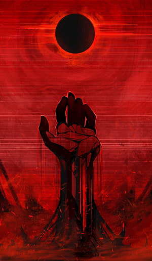 Dark Fantasy Illustration of a Silhouetted Hand Reaching for a Black Sun in a Red Hellscape HD phone wallpaper