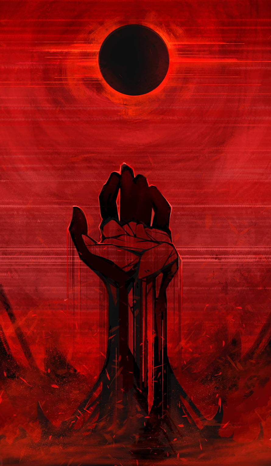 Dark Fantasy Illustration of a Silhouetted Hand Reaching for a Black Sun in a Red Hellscape HD phone wallpaper