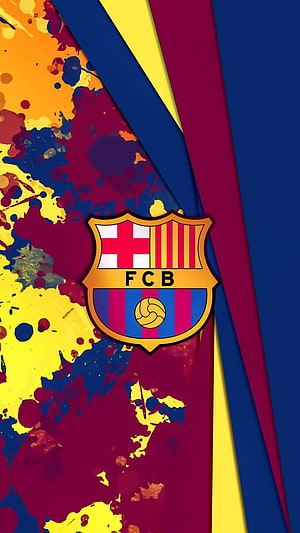 FC Barcelona Crest on Vibrant Paint Splatter Background with Diagonal Stripes HD phone wallpaper
