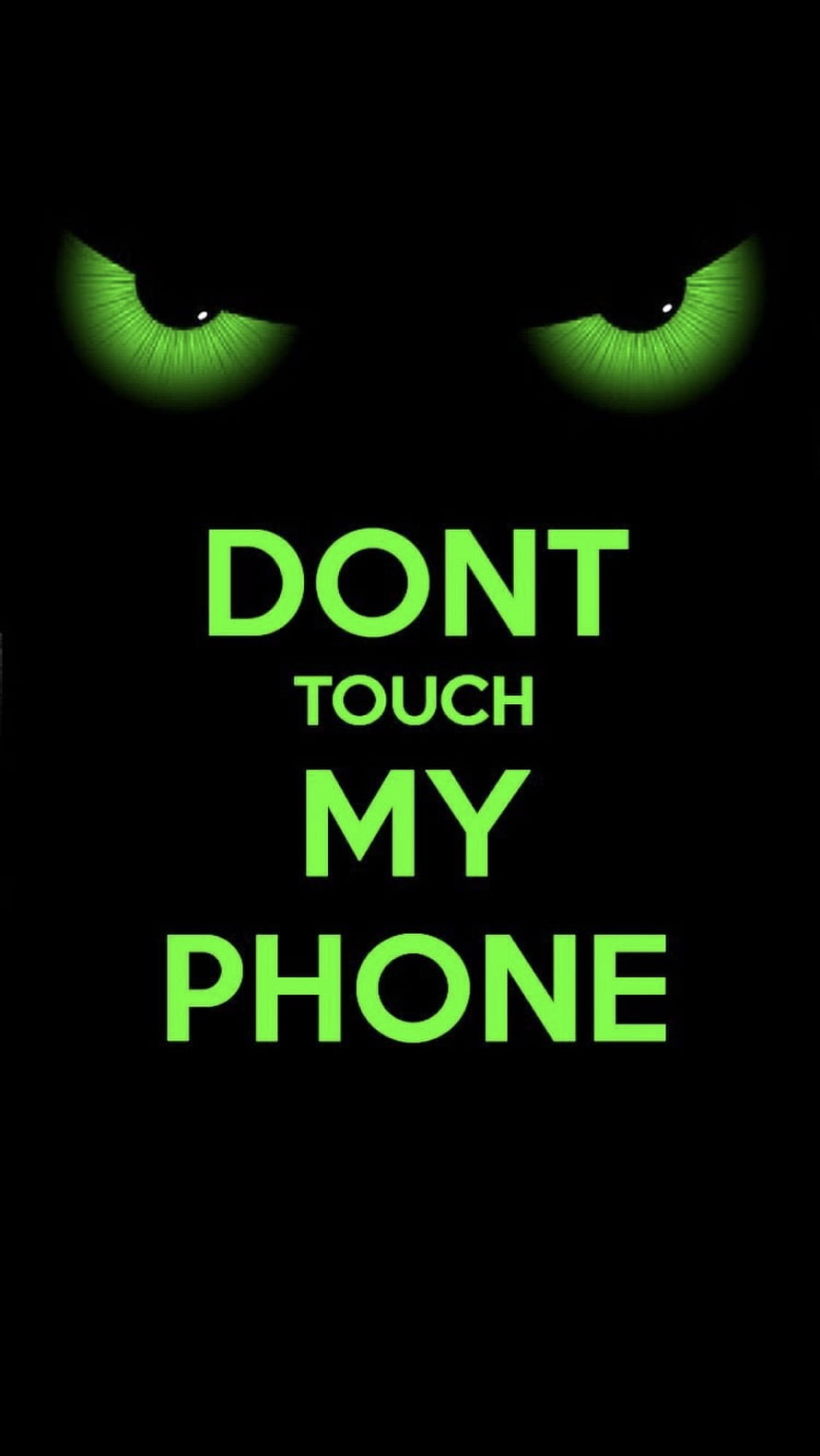 Glowing Green Eyes Staring from Darkness with Bold Warning Text on Black Background HD phone wallpaper