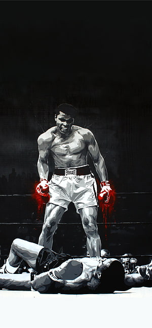 Dramatic Black and White Illustration of a Victorious Boxer Standing Over a Fallen Opponent in the Ring HD phone wallpaper