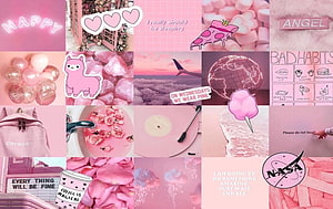 Aesthetic Pink Collage Wallpaper Featuring Cute Stickers, Neon Signs, and Soft Pastel Vibes HD wallpaper
