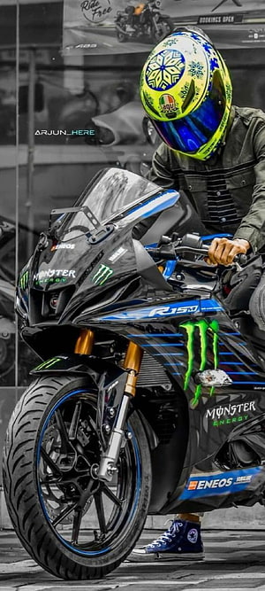 Yamaha R15M Monster Energy Edition Motorcycle with AGV Helmet HD phone wallpaper