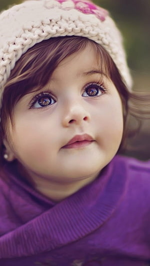Adorable Toddler Girl Portrait Wearing Knitted Beanie and Purple Scarf HD phone wallpaper