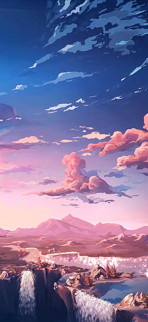 Anime Style Fantasy Landscape With Pink Clouds, Waterfalls, and Distant Mountains HD phone wallpaper