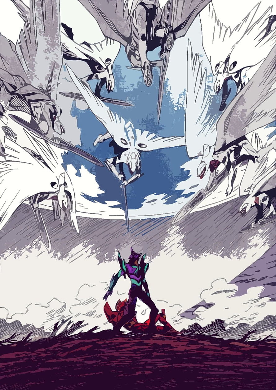 Anime warrior facing giant white bird monsters in a dramatic battle scene HD phone wallpaper