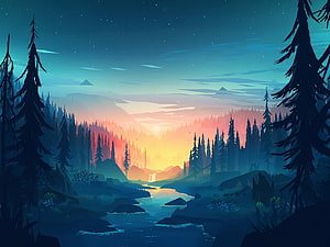 Serene Digital Art of a Twilight Forest River Landscape with Pine Trees and Distant Mountains HD wallpaper
