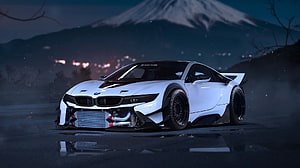 White BMW i8 Drift Build with Widebody Kit and Mount Fuji Background HD wallpaper