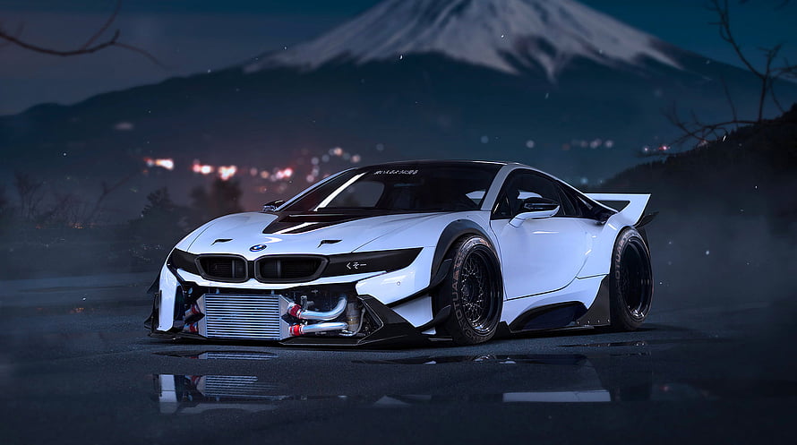 White BMW i8 Drift Build with Widebody Kit and Mount Fuji Background HD wallpaper