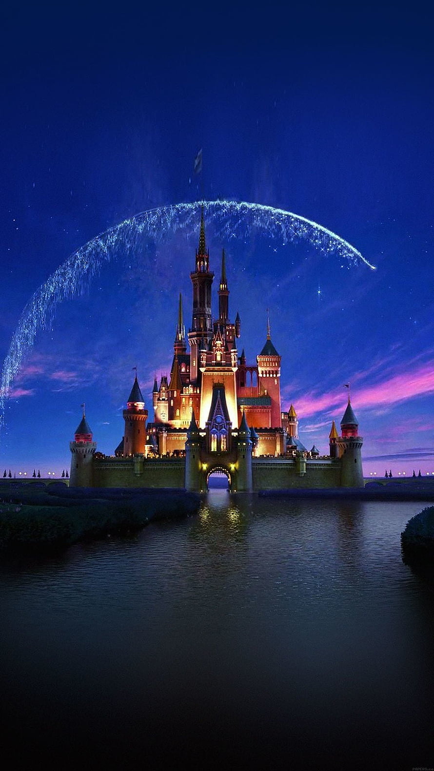 Walt Disney World Magic Kingdom Castle at Night with Fireworks and Water Reflection HD phone wallpaper