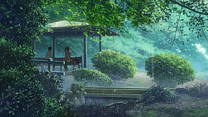 Two Figures Sheltering in a Rainy Park Pavilion Amidst Lush Green Foliage HD wallpaper
