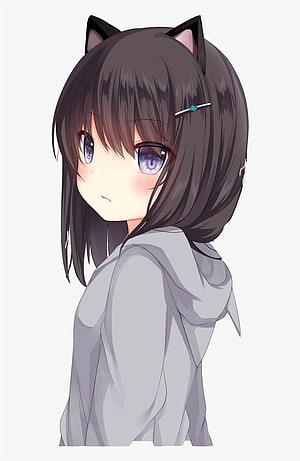 Cute Anime Girl with Cat Ears and Purple Eyes in Grey Hoodie HD phone wallpaper
