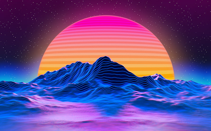 Retro 80s Synthwave Sunset Over Neon Wireframe Mountains HD wallpaper