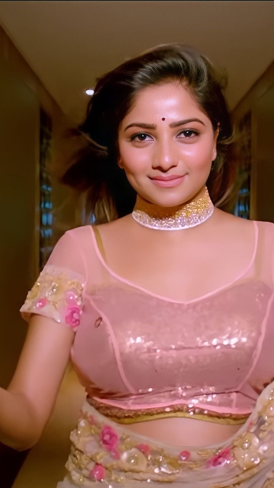 Sneha in a Pink Sequined Outfit with Gold Embellishments and Floral Details HD phone wallpaper