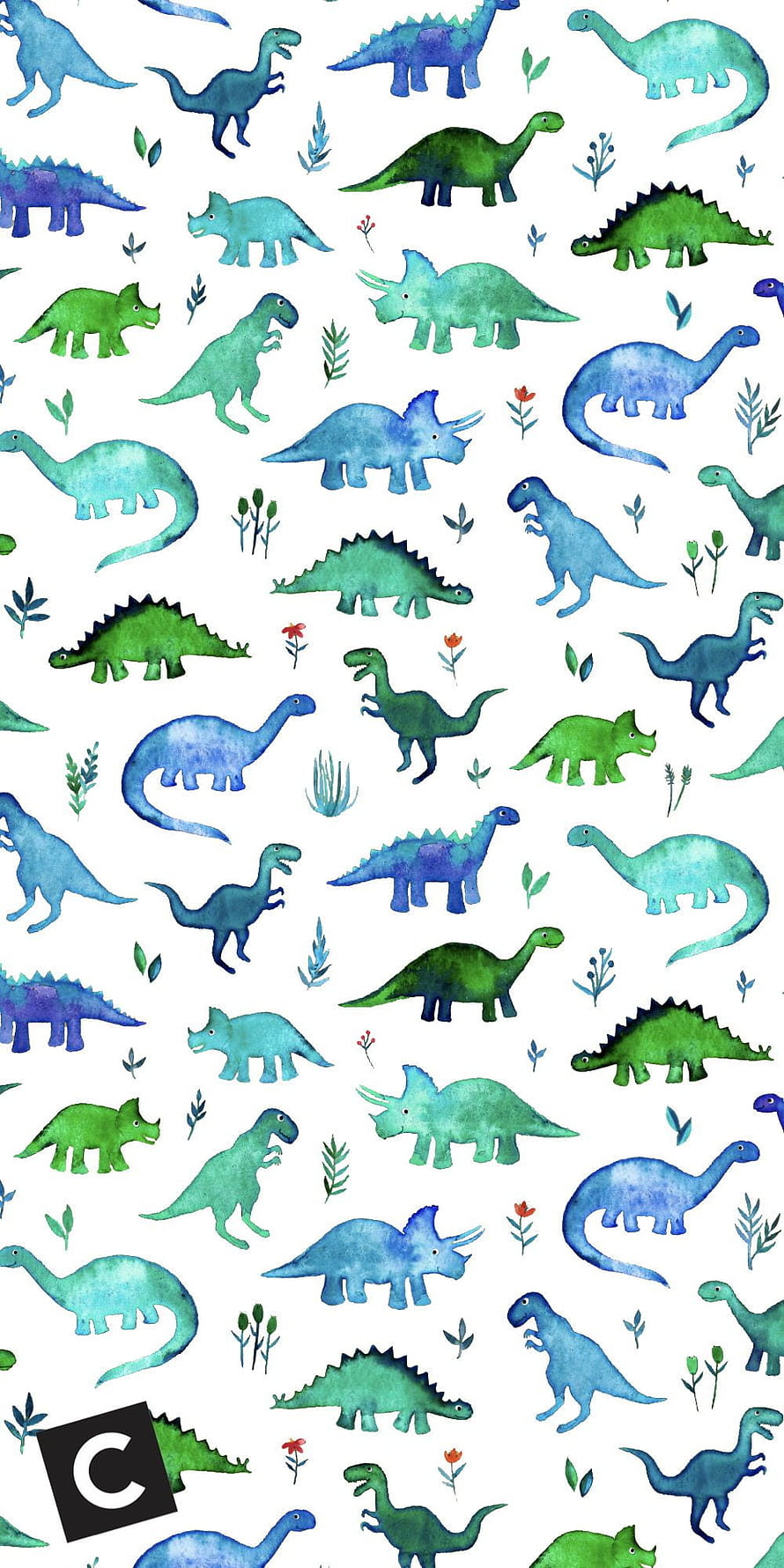 Watercolor Dinosaur Pattern Wallpaper with Cute Prehistoric Animals and Botanical Accents HD phone wallpaper