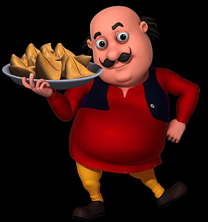 Motu Patlu 3D Character Holding a Plate of Samosas on Black Background HD phone wallpaper