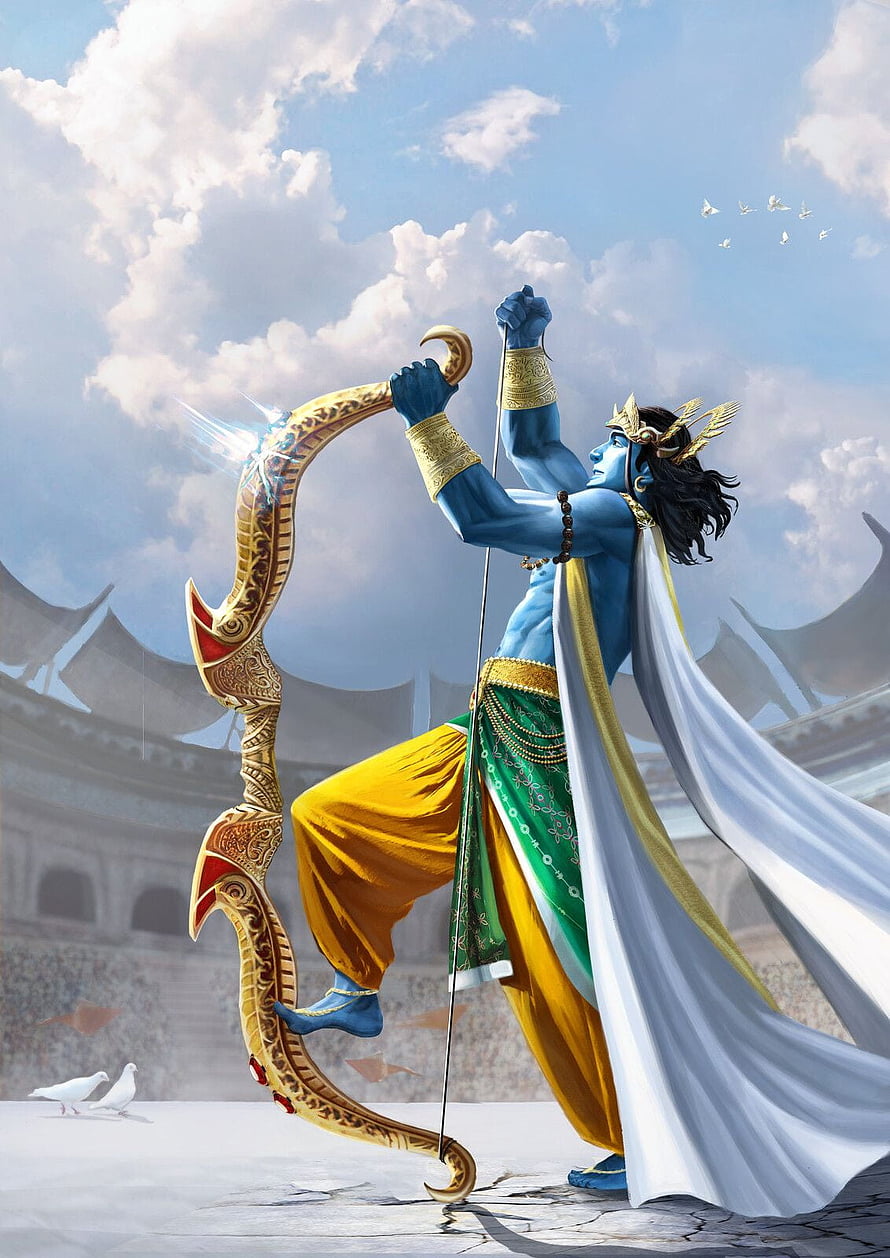 Blue-skinned Hindu deity Rama drawing a golden bow with an arrow, wearing yellow and green garments with a white cape, standing before a temple with doves HD phone wallpaper