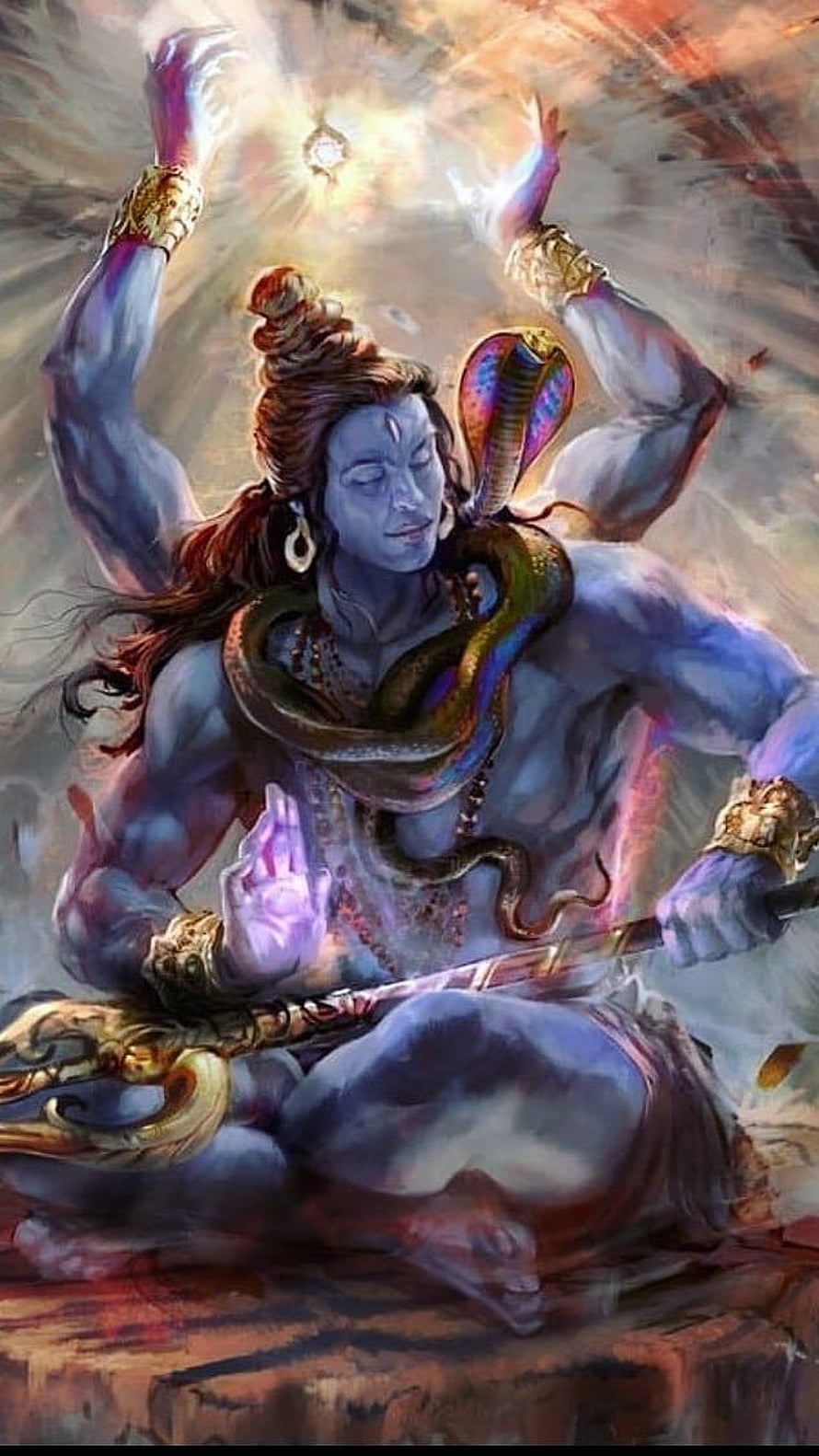 Blue-skinned Hindu deity Shiva with four arms, a cobra around his neck, and a trident, depicted in a mystical, ethereal style with glowing hands and a serene expression. HD phone wallpaper