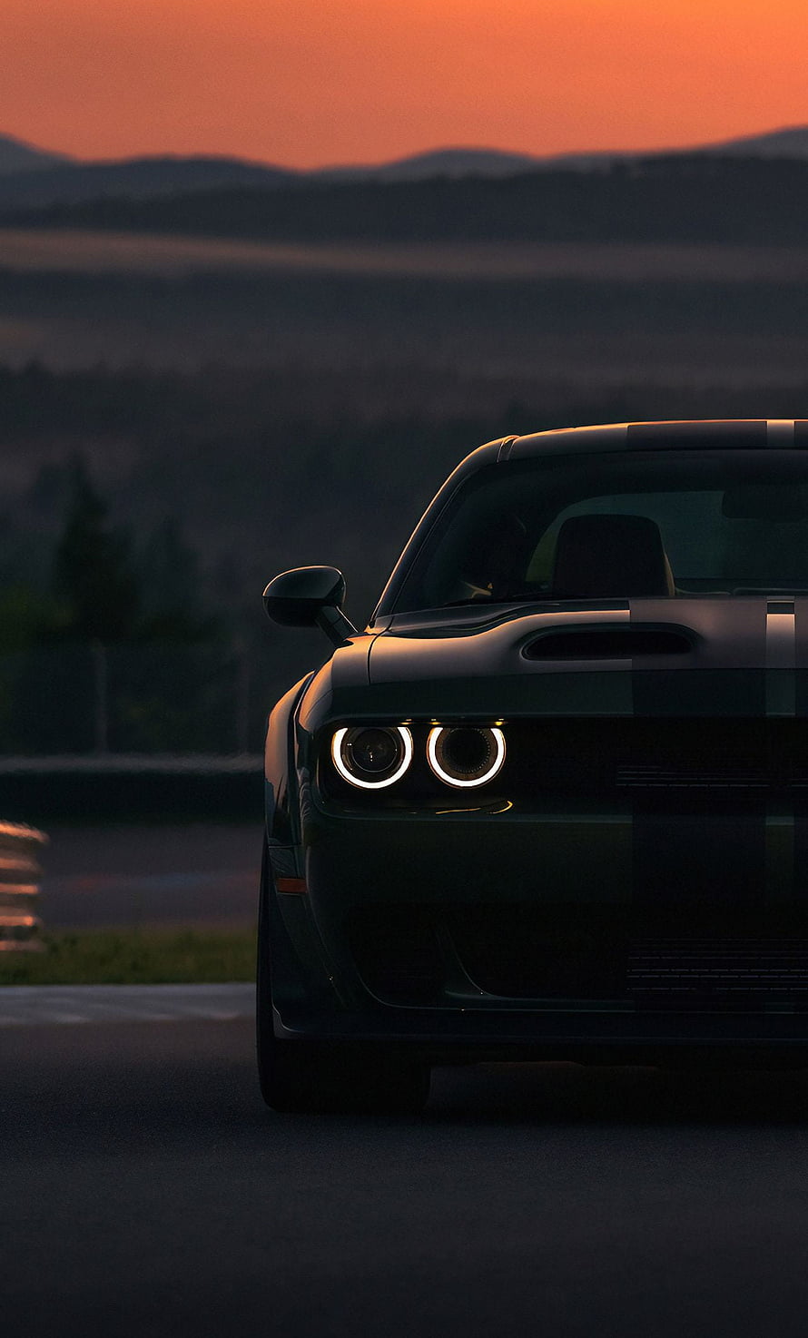 Dodge Challenger Hellcat Widebody at Sunset with LED Headlights HD phone wallpaper
