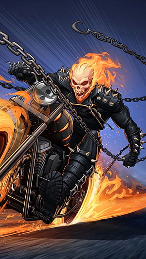 Ghost Rider Motorcycle Artwork with Flames and Chains HD phone wallpaper
