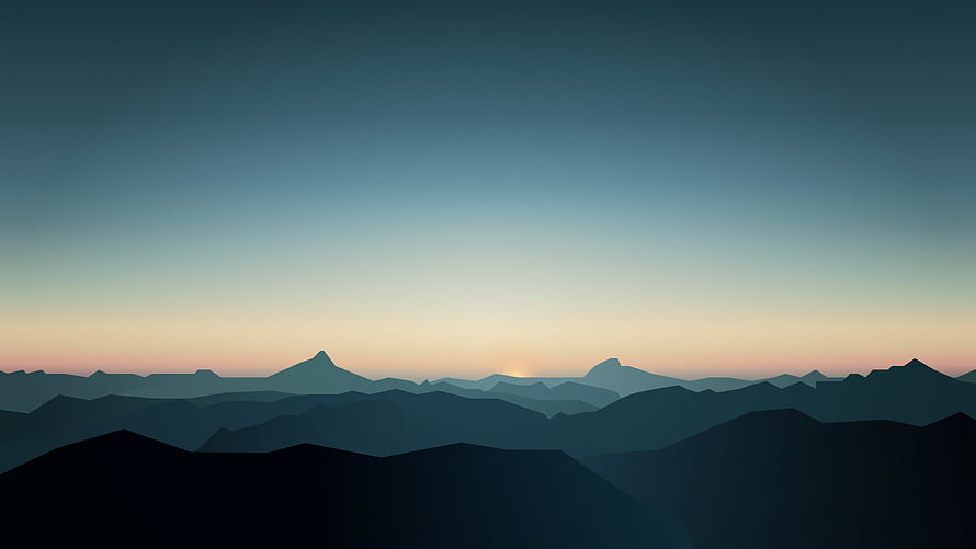 Layered Mountain Silhouettes at Dusk with Soft Gradient Sky and Low Sun HD wallpaper