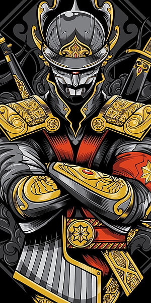 Japanese Samurai Warrior in Ornate Black and Gold Armor with Crossed Swords HD phone wallpaper