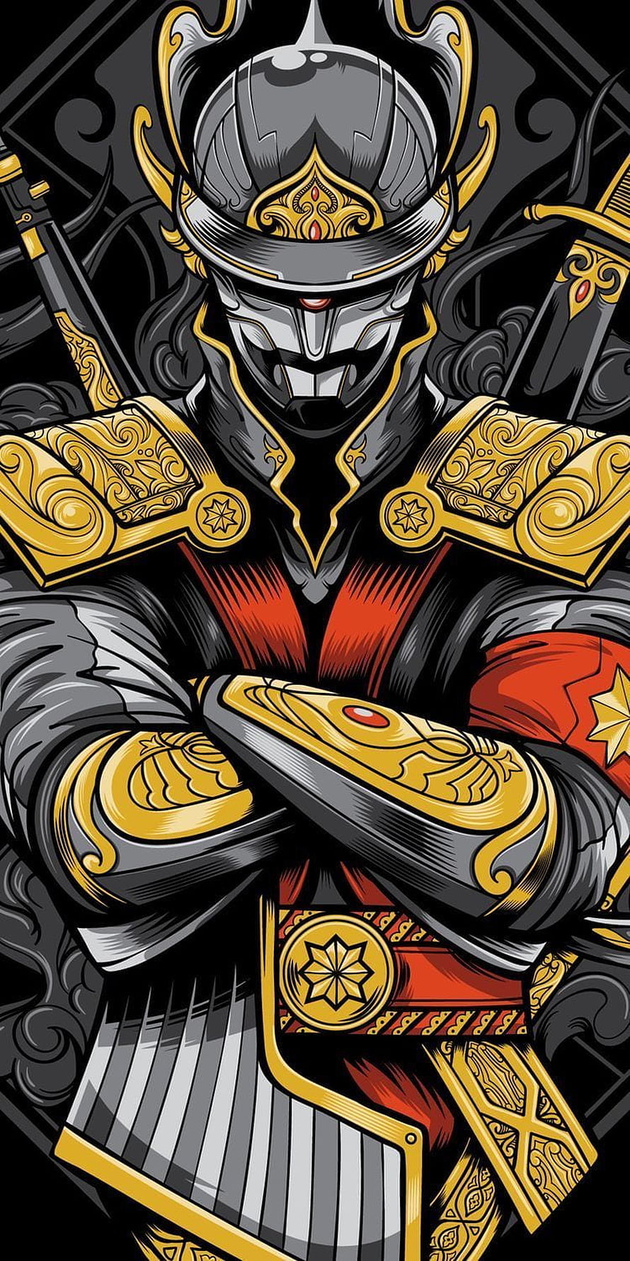 Japanese Samurai Warrior in Ornate Black and Gold Armor with Crossed Swords HD phone wallpaper