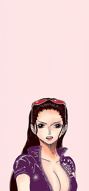 Nami from One Piece wearing a purple jacket and red sunglasses on a pink background HD phone wallpaper
