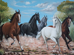 Five Horses Galloping Through a Rocky Stream in a Realistic Oil Painting HD wallpaper