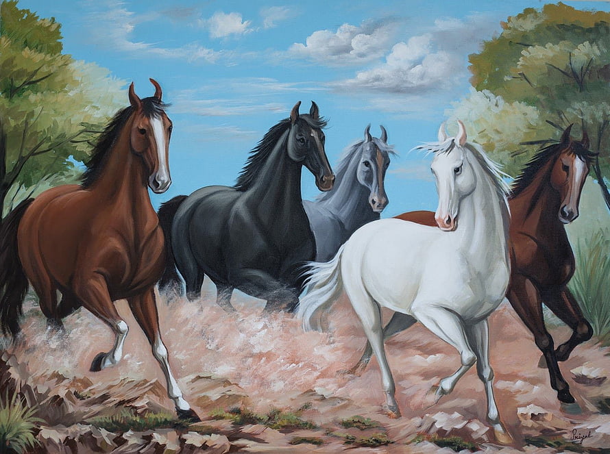 Five Horses Galloping Through a Rocky Stream in a Realistic Oil Painting HD wallpaper