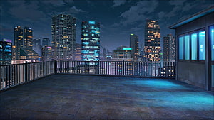 Serene Nighttime Rooftop Terrace Overlooking a Glowing Metropolis Skyline HD wallpaper