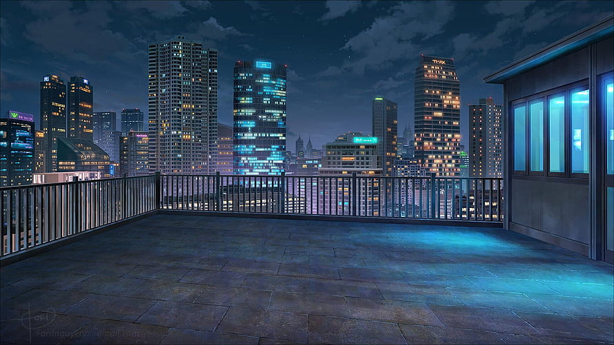 Serene Nighttime Rooftop Terrace Overlooking a Glowing Metropolis Skyline HD wallpaper