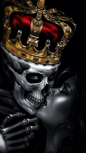 Crowned Skull and Woman Sharing an Intimate Kiss in Dark Fantasy Art, King Skull kissing the queen. sugar skulls. Tattoos, Skull art, Skull HD phone wallpaper