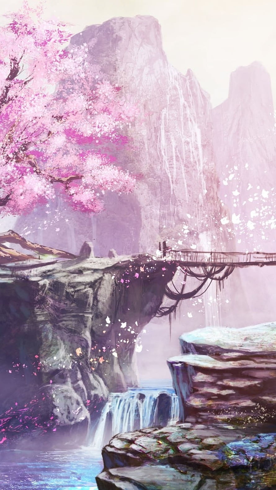 Dreamy Anime Landscape Featuring Cherry Blossoms, Waterfall, and Suspension Bridge HD phone wallpaper