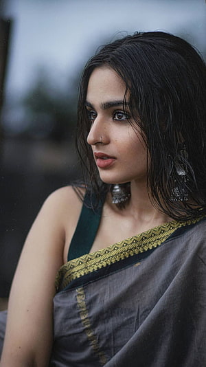 Ayesha Khan in a dark grey saree with gold border, soft portrait with wet hair and silver earrings HD phone wallpaper