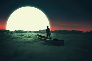 Surreal Night Scene of a Lone Figure in a Boat on a Sea of Clouds Beneath a Giant Moon HD wallpaper