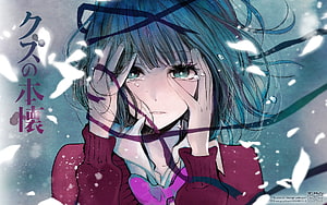 Kuzu no Honbana anime wallpaper featuring a crying girl with blue hair and a red sweater HD wallpaper