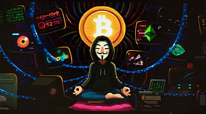 Anonymous Hacker Meditating With Bitcoin And Ethereum Cryptocurrency Symbols HD wallpaper