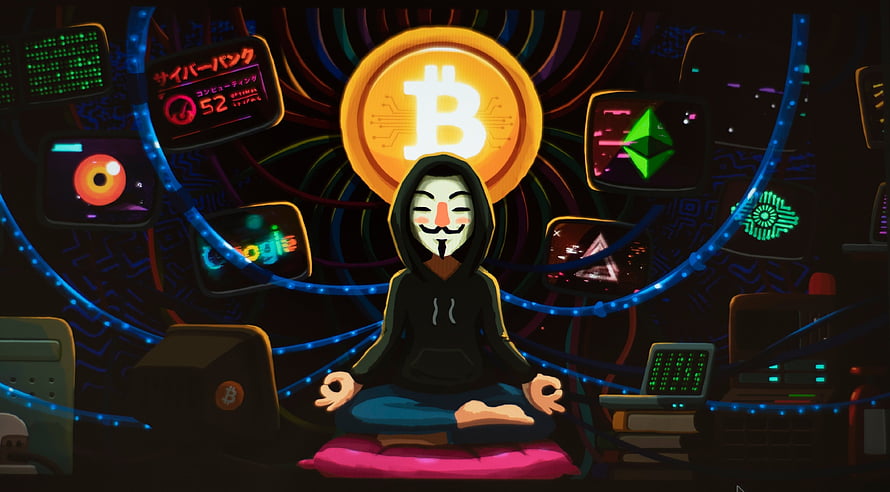 Anonymous Hacker Meditating With Bitcoin And Ethereum Cryptocurrency Symbols HD wallpaper