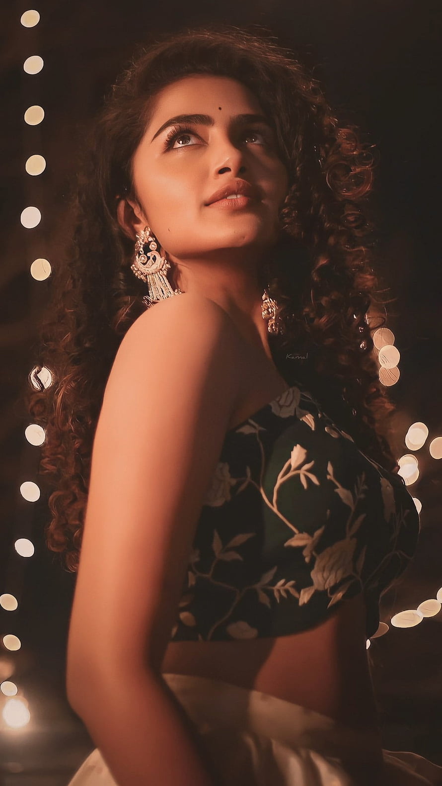 Anupama Parameswaran in a floral blouse with traditional jhumka earrings and bokeh lights HD phone wallpaper