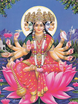 Gayatri Devi seated on a pink lotus with multiple arms and five faces in traditional Indian art HD phone wallpaper